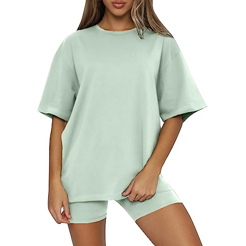 YCBMINGCAN Gym Set Damen,Sportanzug Damen Kurzarm Trainingsanzug Set Tracksuit Rundhalsausschnitt Einfarbig Zweiteiler Zweiteiler Jogginganzug Loungewear Outfit Jogger Trainingsanzug Sport Outfit von YCBMINGCAN