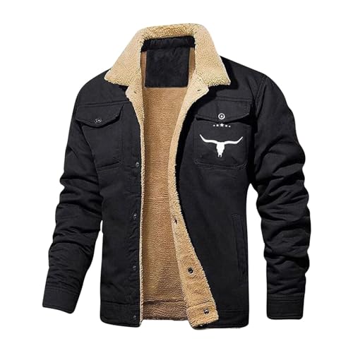 YCBMINGCAN Herren-Retro-Western-Winter-Fleecejacke, Herren-Winterjacke, gefütterte Jacke, warme Trucker-Jacke, mehrere Taschen Herren Winter Fleecejacke (Black, L) von YCBMINGCAN