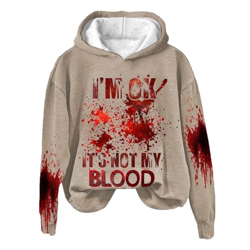 YCBMINGCAN I'm Ok It's Not My Blood Damen bedrucktes, lässiges Langarm-Sweatshirt, weiches bedrucktes Hemd, Damen-Winter-Sweatshirt-Oberteil Jumpsuit Leggings Damen (Khaki, XXXXXXL) von YCBMINGCAN