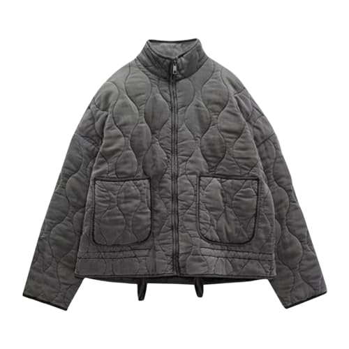 YCBMINGCAN Lässige, leichte Steppjacke für Damen, langärmelig, übergroß, warm, Wintermantel mit Reißverschluss und Taschen Wolljacke Schwarz Damen (Grey, S) von YCBMINGCAN