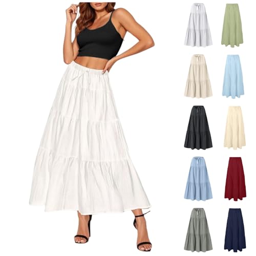 YCBMINGCAN Langer Weißer Rock,Damen Sommerrock Lang mit seitlicher Raffung und Kordelzug, Hohe Taille Maxirock, Eleganter Strandrock für Urlaub, Lockerer A-Linie Freizeitrock, Fließender Stoff von YCBMINGCAN