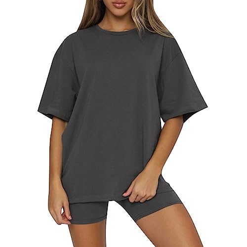 YCBMINGCAN Loungewear Damen,Sportanzug Damen Kurzarm Trainingsanzug Set Tracksuit Rundhalsausschnitt Einfarbig Zweiteiler Zweiteiler Jogginganzug Loungewear Outfit Jogger Trainingsanzug Sport Outfit von YCBMINGCAN