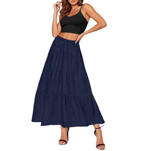 YCBMINGCAN Maxi Rock Damen Sommer,Damen Sommerrock Lang mit seitlicher Raffung und Kordelzug, Hohe Taille Maxirock, Eleganter Strandrock für Urlaub, Lockerer A-Linie Freizeitrock, Fließender Stoff von YCBMINGCAN