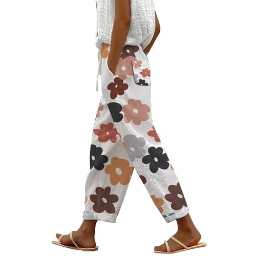YCBMINGCAN Damen Sommer Hosen Leinenhose für Damen Lange Leichte Freizeithose Elegante Sommerhose Leicht Hoher Taille Stoffhose Freizeithosen Große Größen Hosen Strandhose Mit Taschen von YCBMINGCAN