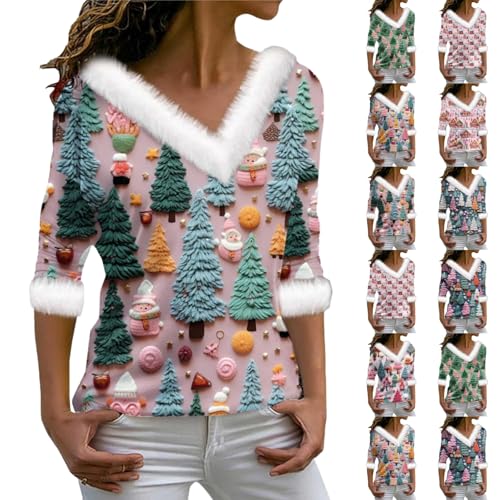 YCBMINGCAN Meine Bestellungen Weihnachtspullover Lustig Weihnachtsshirt Damen Weihnachtspullover Christmas Oberteile Tops Plush Collar Cuffs Christmas Tree Print Weihnachten Pullover von YCBMINGCAN