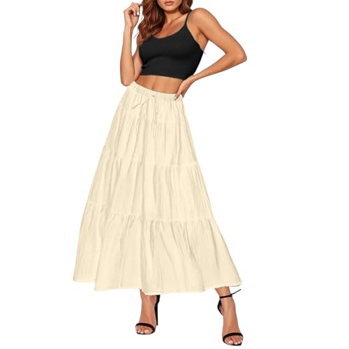 YCBMINGCAN Midi Rock,Damen Sommerrock Lang mit seitlicher Raffung und Kordelzug, Hohe Taille Maxirock, Eleganter Strandrock für Urlaub, Lockerer A-Linie Freizeitrock, Fließender Stoff von YCBMINGCAN