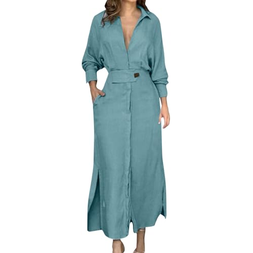 YCBMINGCAN Normales, geschnürtes Hemdkleid für Damen mit einfarbiger Taille und langen Ärmeln und unregelmäßiger Form Maxikleid Schwarz (Blue, L) von YCBMINGCAN
