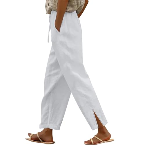 YCBMINGCAN Damen Sommer Hosen Leinenhose für Damen Lange Leichte Freizeithose Elegante Sommerhose Leicht Hoher Taille Stoffhose Freizeithosen Große Größen Hosen Strandhose Mit Taschen von YCBMINGCAN