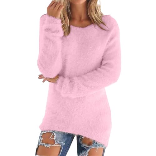 YCBMINGCAN Damen Teddy Fleece Pullover Grosse Größen Thermo Shirt Langarm V-Ausschnitt Winterpullover Casual Sweatshirt Warm Oberteil Einfarbig Pink von YCBMINGCAN