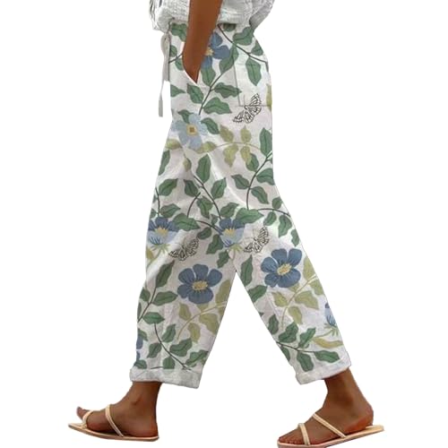 YCBMINGCAN Damen Sommer Hosen Leinenhose für Damen Lange Leichte Freizeithose Elegante Sommerhose Leicht Hoher Taille Stoffhose Freizeithosen Große Größen Hosen Strandhose Mit Taschen von YCBMINGCAN