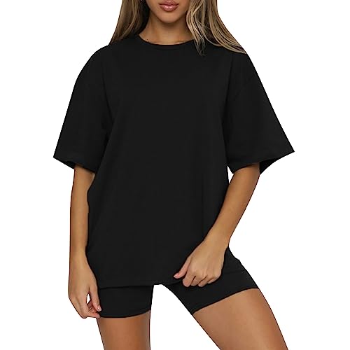 YCBMINGCAN Sommer Hausanzug,Sportanzug Damen Kurzarm Trainingsanzug Set Tracksuit Rundhalsausschnitt Einfarbig Zweiteiler Zweiteiler Jogginganzug Loungewear Outfit Jogger Trainingsanzug Sport Outfit von YCBMINGCAN