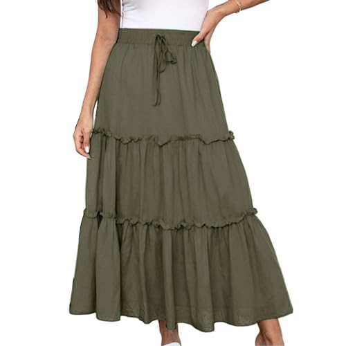 YCBMINGCAN Sommerrock Damen,Langer Rock Damen Sommer mit Kordelzug, Geraffter Strandrock Hohe Taille, Leichter und Fließender Maxirock in A-Linie, Lässiger Urlaubsrock, Bequemer Freizeitrock von YCBMINGCAN