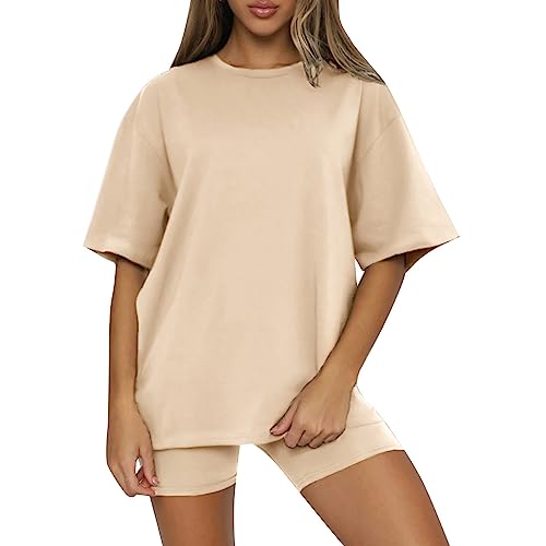 YCBMINGCAN Sport Set Damen,Sportanzug Damen Kurzarm Trainingsanzug Set Tracksuit Rundhalsausschnitt Einfarbig Zweiteiler Zweiteiler Jogginganzug Loungewear Outfit Jogger Trainingsanzug Sport Outfit von YCBMINGCAN