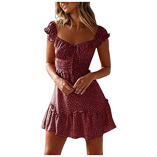 YCBMINGCAN Strandkleid Damen,Sommerkleid Damen Kurz Boho Blumenkleid V-Ausschnitt Strandkleid Lässig Minikleid mit Rüschen Kurzarm A-Linie Swing Kleid High Waist Freizeitkleid für Urlaub Party von YCBMINGCAN