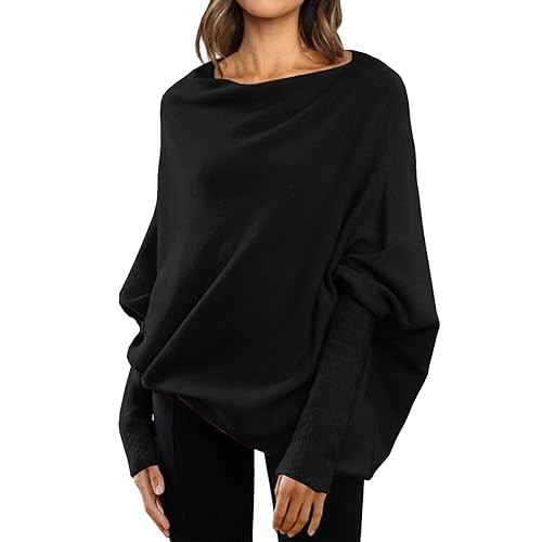 YCBMINGCAN Strick Pullover Dame asymmetrischer drapierter Pullover, lange Fledermausärmel, schulterfreier Pullover, lockerer Strickpullover Pullover Damen Elegant Schwarz (Black, M) von YCBMINGCAN