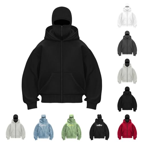YCBMINGCAN Sturmhaube Hoodie Herren mit Reißverschluss, Y2K Balaclava Zip Sweatshirtjacke mit Maske, Oversize Kapuzenpullover Gothic Pullover, Hip Hop Jacke für Männer Herbst Winter von YCBMINGCAN
