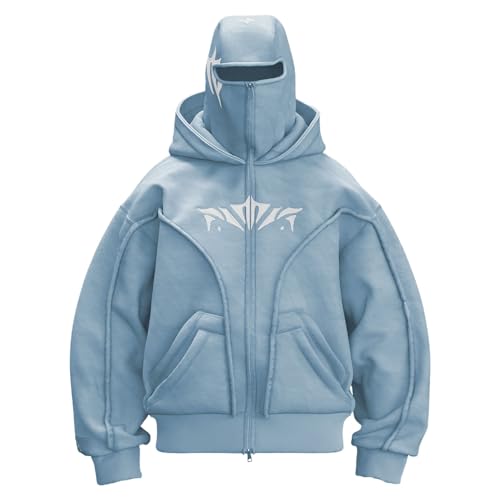 YCBMINGCAN Sturmhaube Hoodie Herren mit Reißverschluss, Y2K Balaclava Zip Sweatshirtjacke mit Maske, Oversize Kapuzenpullover Gothic Pullover, Hip Hop Jacke für Männer Herbst Winter von YCBMINGCAN