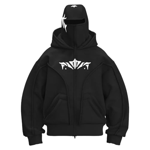 YCBMINGCAN Sturmhaube Hoodie Herren mit Reißverschluss, Y2K Balaclava Zip Sweatshirtjacke mit Maske, Oversize Kapuzenpullover Gothic Pullover, Hip Hop Jacke für Männer Herbst Winter von YCBMINGCAN