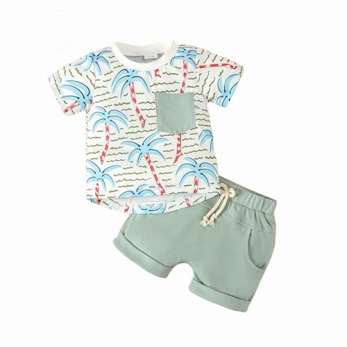 YCBMINGCAN -T-Shirt mit Rundhalsausschnitt, tropischer Pflanzen-Aufdruck, kurzärmelig, einfarbig, Shorts, Anzug, Sommer-Outfit Baby Weste Junge Anzug Junge 98 Festlich (Green, 2-3 Years) von YCBMINGCAN