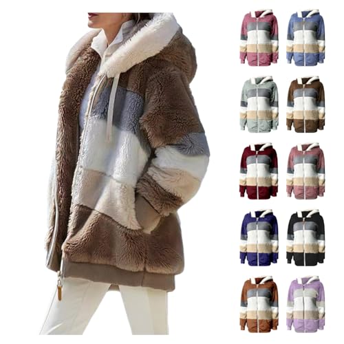 YCBMINGCAN Teddyfleece Jacke Damen,Winterjacke Damen mit Kapuze | Warme Teddyjacke aus Fleece als Herbstjacke | Lässige Sweatjacke im Farbblock Design mit Reißverschluss von YCBMINGCAN