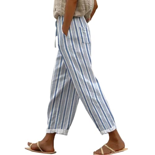 YCBMINGCAN Damen Sommer Hosen Leinenhose für Damen Lange Leichte Freizeithose Elegante Sommerhose Leicht Hoher Taille Stoffhose Freizeithosen Große Größen Hosen Strandhose Mit Taschen von YCBMINGCAN