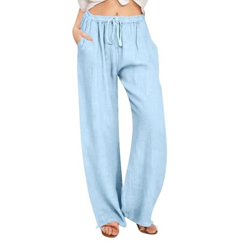 YCBMINGCAN Warehouse Deal Leinenhose Damen Sommer Leichte Hosen Lässige Sommerhose Strandhose Lange Einfarbig Musselin Hose Weite Leg Pants Freizeithose Weite Beine Caprihose mit Taschen Sporthose von YCBMINGCAN