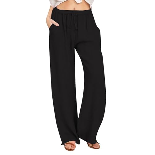 YCBMINGCAN Warehouse Deal Leinenhose Damen Sommer Leichte Hosen Lässige Sommerhose Strandhose Lange Einfarbig Musselin Hose Weite Leg Pants Freizeithose Weite Beine Caprihose mit Taschen Sporthose von YCBMINGCAN