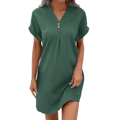 YCBMINGCAN Warehouse Deal Retourenware Damen Leinenkleid Figurbetont mit V-Ausschnitt | Kurzärmliges Etuikleid mit Knopfleiste | Atmungsaktives Sommerkleid aus Baumwoll-Leinen Einfarbig Mini Kleid von YCBMINGCAN