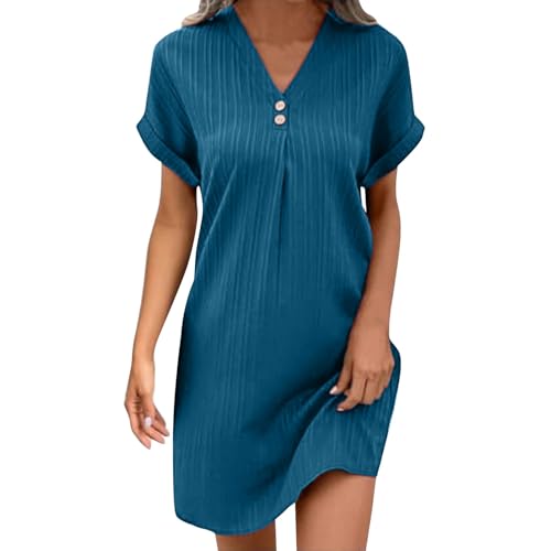 YCBMINGCAN Warehouse Deal Retourenware Damen Leinenkleid Figurbetont mit V-Ausschnitt | Kurzärmliges Etuikleid mit Knopfleiste | Atmungsaktives Sommerkleid aus Baumwoll-Leinen Einfarbig Mini Kleid von YCBMINGCAN