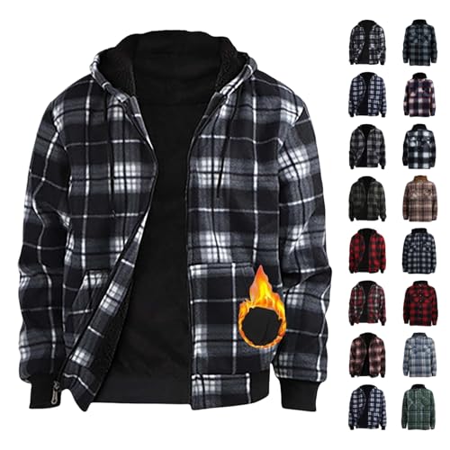 YCBMINGCAN Warehouse Deal Sweatjacke Herren Flanellhemd Herren Kariert Winterjacke Langarm Fleecejacke holzfäller jacke gefüttert Button Down Freizeithemd Mit Kapuze Herren Flanell-Hemden von YCBMINGCAN