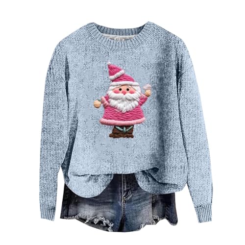 YCBMINGCAN Damen Winter Strickpullover Langarm Rundhalsausschnitt Weihnachtsmann Muster Warm Pullover Oversize Gr. S-XXL Hellblau von YCBMINGCAN