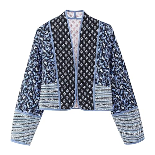 YCBMINGCAN Wendejacke, marineblaue Paisley-Boho-Jacke mit Blumenmuster, 2-in-1-Jacke, gesteppter Mantel, Vintage-Jacke, Cottagecore-Patchwork-Jacke Cardigan Rot Damen (Blue, S) von YCBMINGCAN