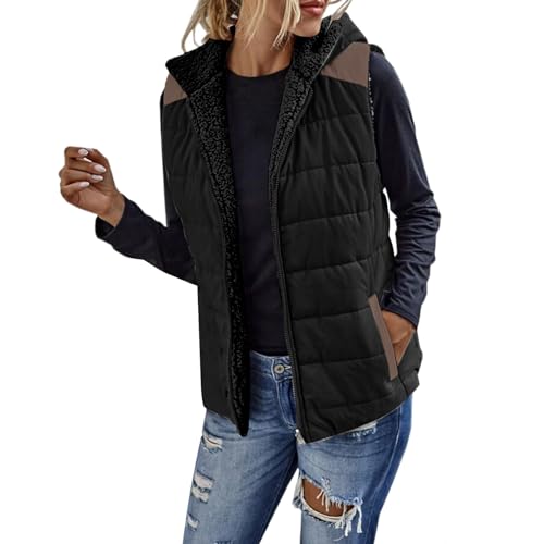 YCBMINGCAN Wendewesten für Damen, ärmellos, Fleecejacke, Reißverschluss, Kapuzenpullover, Taschen, warmer Wintermantel, Oberbekleidung Puff Weste Damen (Black, L) von YCBMINGCAN