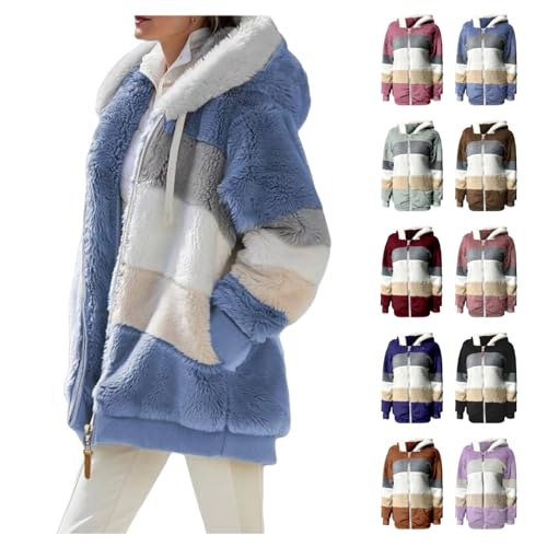 YCBMINGCAN üBergangsjacke Damen,Winterjacke Damen mit Kapuze | Warme Teddyjacke aus Fleece als Herbstjacke | Lässige Sweatjacke im Farbblock Design mit Reißverschluss von YCBMINGCAN