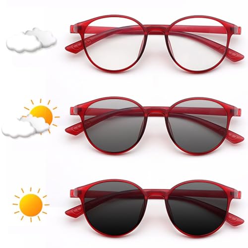 YCBTPS Damen Rote Sonnenbrillen Smart Photochrome Lesebrille Rund TR90 Rahmen Brillen Bequeme Brille Für Das Ganztägige Tragen(Red,2.5x) von YCBTPS