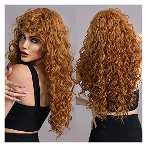 Echthaar-Perücke, lang, gelockt, mit Pony, blond, für schwarze Frauen, synthetische Perücken, hitzebeständig, für Kostümpartys, Damen Echthaar-Perücke, lang, gelockt, mit Pony, blond, für schwarze Frauen, synthetische Perücken, hitzebeständig, für Kostümpartys, Damen von YCCHAH