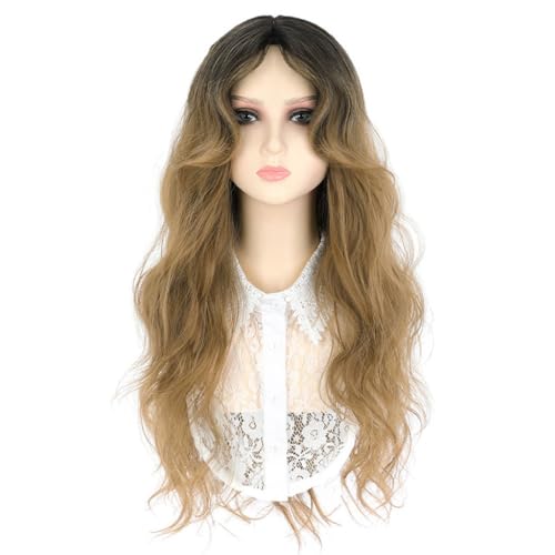 Echthaar-Perücke, langes und lockiges Haar, blond, Farbverlauf, Schwarz, für Damen, Set mit langen Pony, gewellt, modisch, für Damen Echthaar-Perücke, langes und lockiges Haar, blond, Farbverlauf, Schwarz, für Damen, Set mit langen Pony, gewellt, modisch, für Damen von YCCHAH