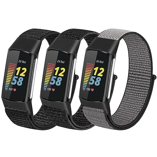 YCHDDER Nylon Armband nur Kompatibel mit Fitbit Charge 5 Armband für Damen Herren,3 Stück Solo Loop Uhrenarmband Sport Ersatzarmband für Fitbit Charge 5 von YCHDDER