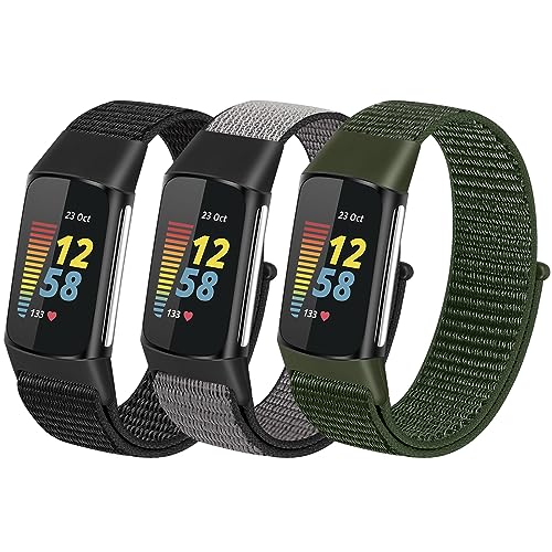 YCHDDER Nylon Armband nur Kompatibel mit Fitbit Charge 5 Armband für Damen Herren,3 Stück Solo Loop Uhrenarmband Sport Ersatzarmband für Fitbit Charge 5 von YCHDDER