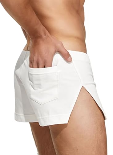 Herren 3" Große Split Side Lounge Shorts Baumwolle zum Schlafen Home Workout Gym Bodybuilding Color Weiß Size M von YCHSXAIZ
