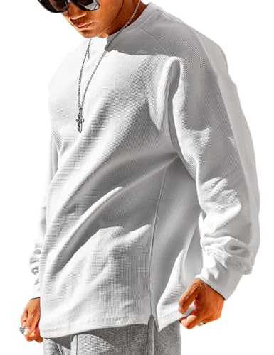 Herren Loose Fit Waffel Langarm Sweatshirts Klassischer Rundhalspullover Color Weiß Size XXL von YCHSXAIZ