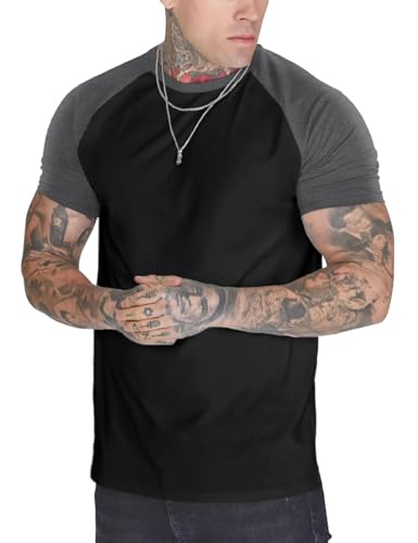 YCHSXAIZ Herren Casual Slim Fit Raglan Kontrast Baumwolle Kurzarm Baseball Jersey Tshirts Color Schwarz-Dunkelgrau Size L von Ychnaim