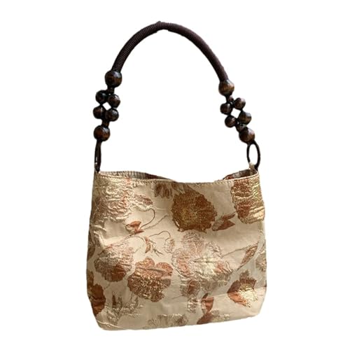 Gestickte Blumenhandtasche Für Damen Umhängetasche Lässige Unterarmtasche Mit Holzperlen Kettengriff Eimer Geldbörse von YCHUCH