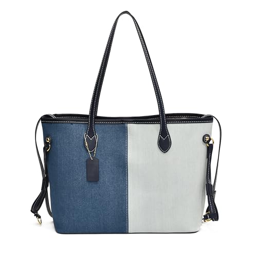 Denim-Tragetasche für Damen, kontrastfarbenes Spleiß-Design, enthält eine kleine Jeans-Umhängetasche, Denim-Handtaschen, Navy und Weiß, Large Denim-Tragetasche für Damen, kontrastfarbenes Spleiß-Design, enthält eine kleine Jeans-Umhängetasche, Denim-Handtaschen, Navy und Weiß, Large von YCPURSEDN