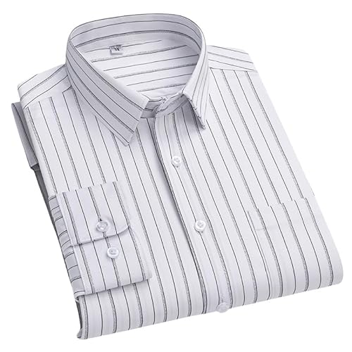 YCXMBH Herren Langarm Stretch Stretch Hemd Slim Fit Streifen Button Down Hemd mit Tasche Lässiges Revers Bügelfreie Oberteile Leichte Sommer Strandjacken Weiß S von YCXMBH