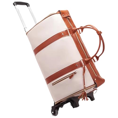 Packli Reisetasche Handgepäck mit Rollen – Weekender Damen PU Leder Wasserfest – Faltbare Kleidersack Tasche mit Schuhfach – Handgepäcktasche für Reisen & Geschäftsreise (Beige, Roller Edition) von YCYATS
