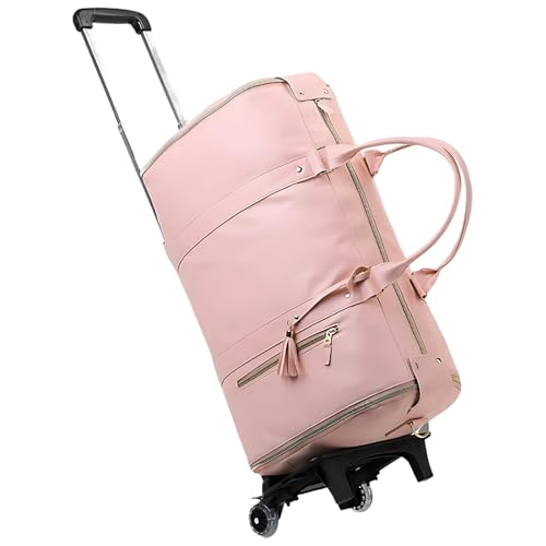 Packli Reisetasche Handgepäck mit Rollen – Weekender Damen PU Leder Wasserfest – Faltbare Kleidersack Tasche mit Schuhfach – Handgepäcktasche für Reisen & Geschäftsreise (Rose, Roller Edition) von YCYATS