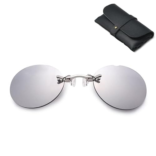 Three Color Retro Round Clip On Nose Glasses, Ultralight Rimless Retro Round Clip On Nose Sunglasses With Leather Box, Leichtgewicht Und Robuste, Sonnenbrillen Clip FüR Brille, Matrix Brille (Silber) von YCYATS