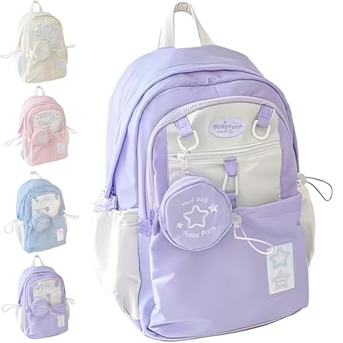 YCYATS Rosy Posy Cremefarbener Stern-Rucksack mit Kordelzug, Chicchoi Süße Kawaii-Laptoptasche (Lila) von YCYATS