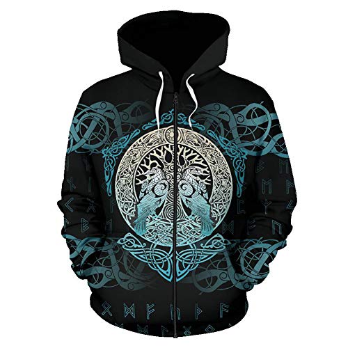 Nordic Viking Yggdrasil und Rabe Tattoo 3D Gedruckt Trainingsanzug Hoodie Unisex Langarm Streetwear Casual Kapuzenpullover Sweatshirt Gr. XXL, Reißverschluss von YCYR